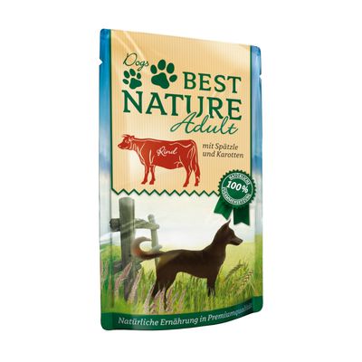Sachet Dogs Best Nature Adult, texte allemand : Rind, mit Spätzle und Karotten, 100 % natürliche Zutaten, Natürliche Ernährung in Premiumqualität. Illustration de chien et vache.
